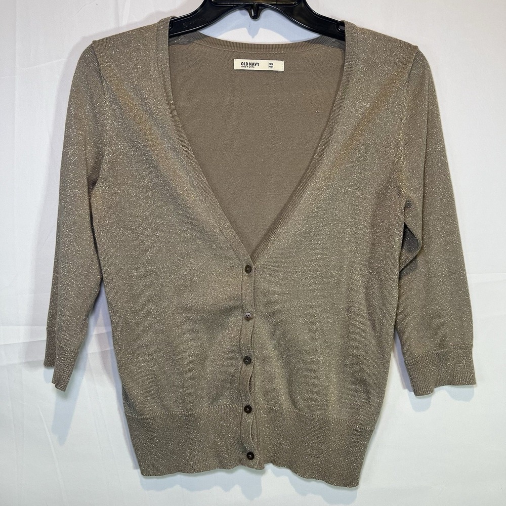 Old Navy Women Brown‎ Shimmery Sweater Cardigan Sz XSmall Button Round Neck XS